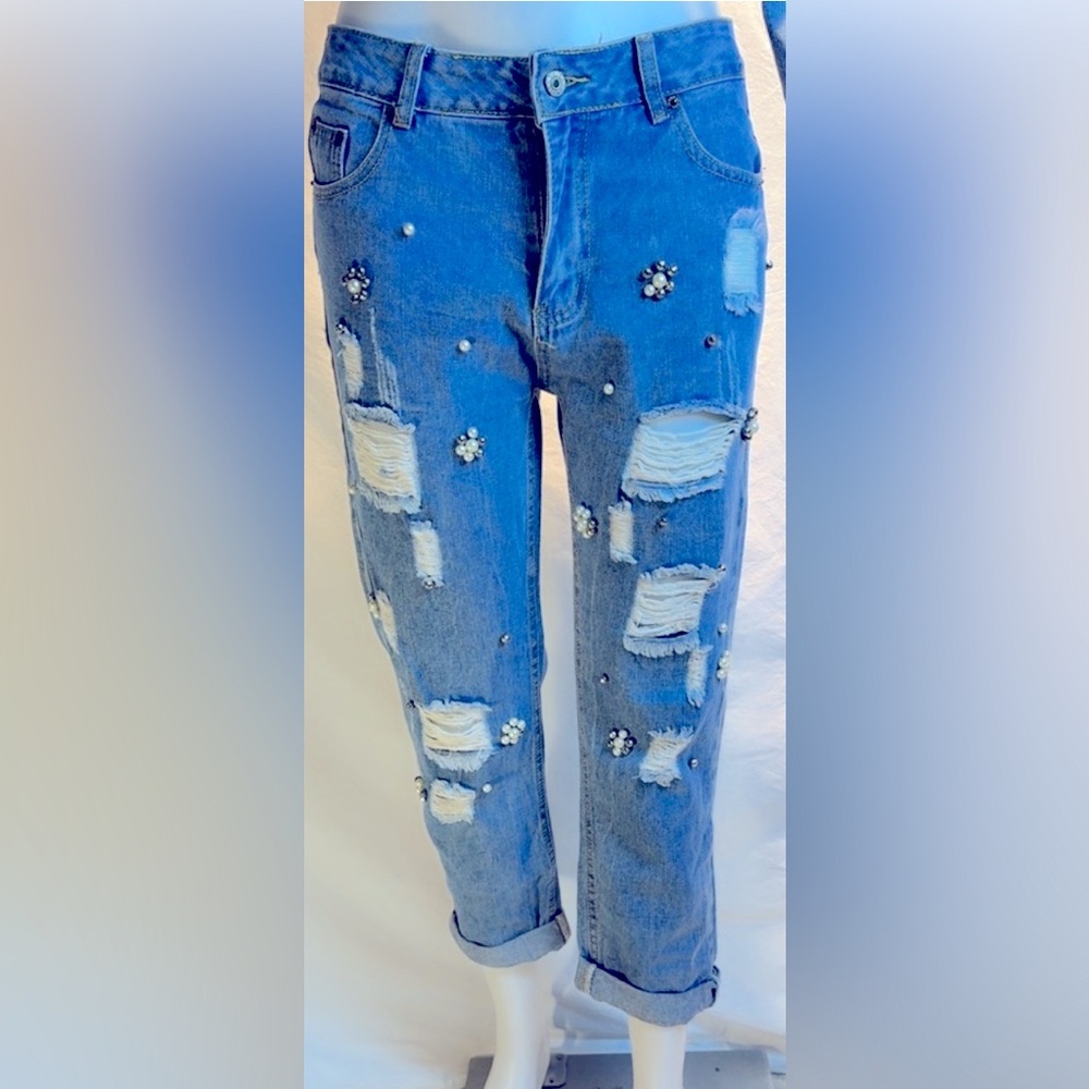 Distressed Blue Boyfriend Jeans with Embellishments